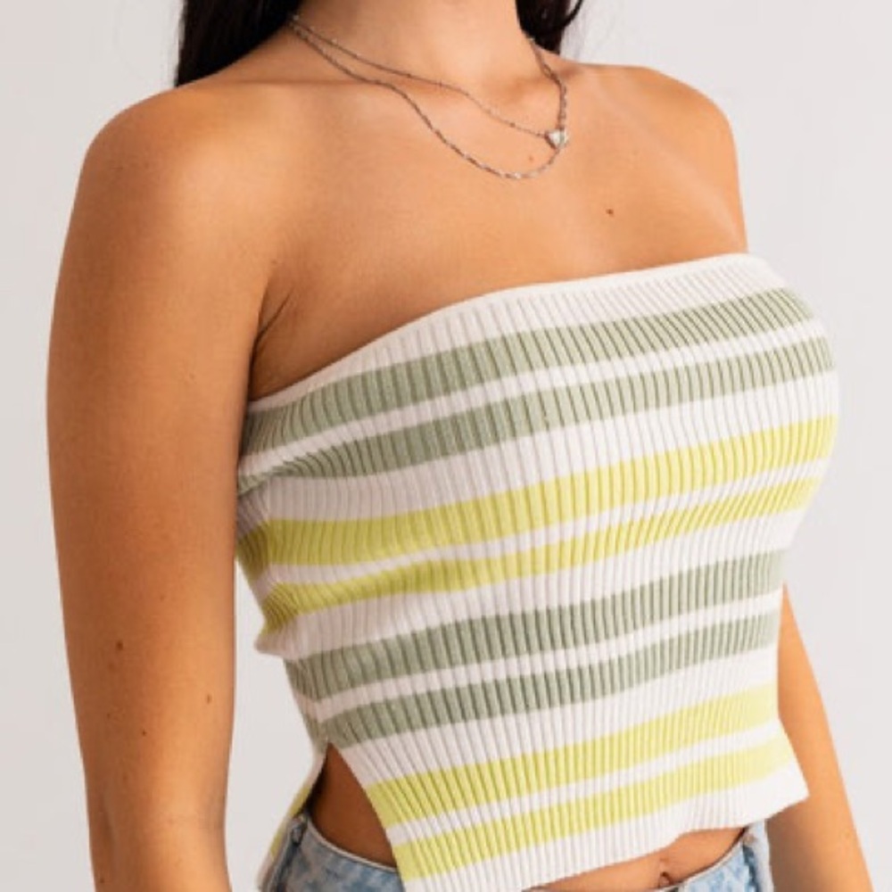 Le Lis Green and Yellow Striped Cropped Tube Top
